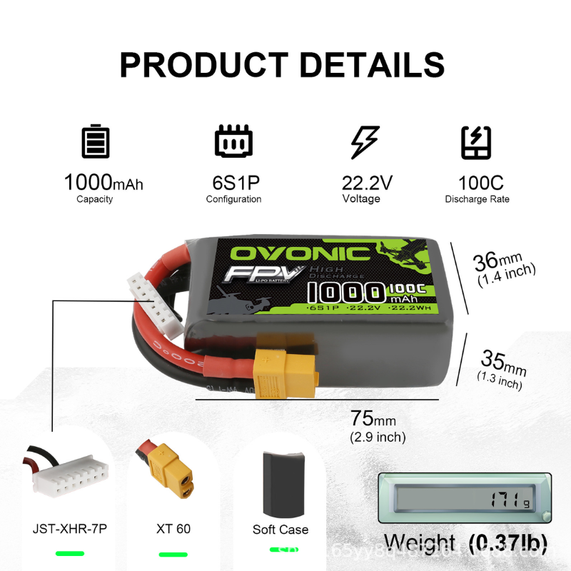 2Pcs OVONIC 1000mAh 100C 22.2V - Drone Battery 6S reseña y precio